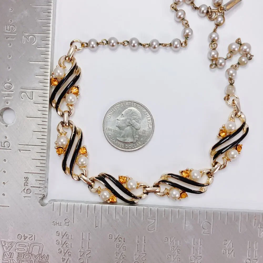 Vintage 50s Gold Tone Black Enamel Faux Pearl Rhinestone Link Choker Necklace